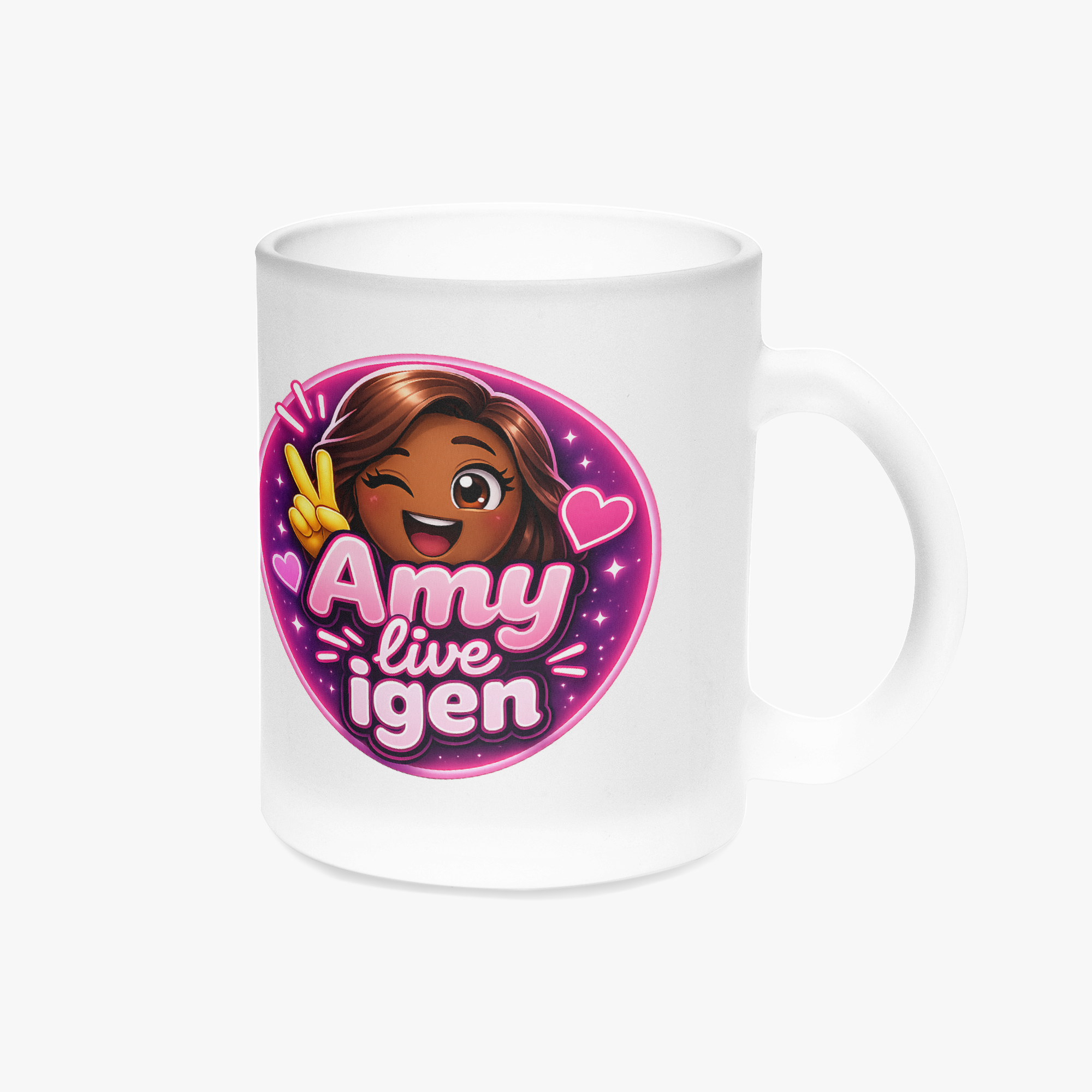 "Amy live igen" kaffemugg i frostat glas