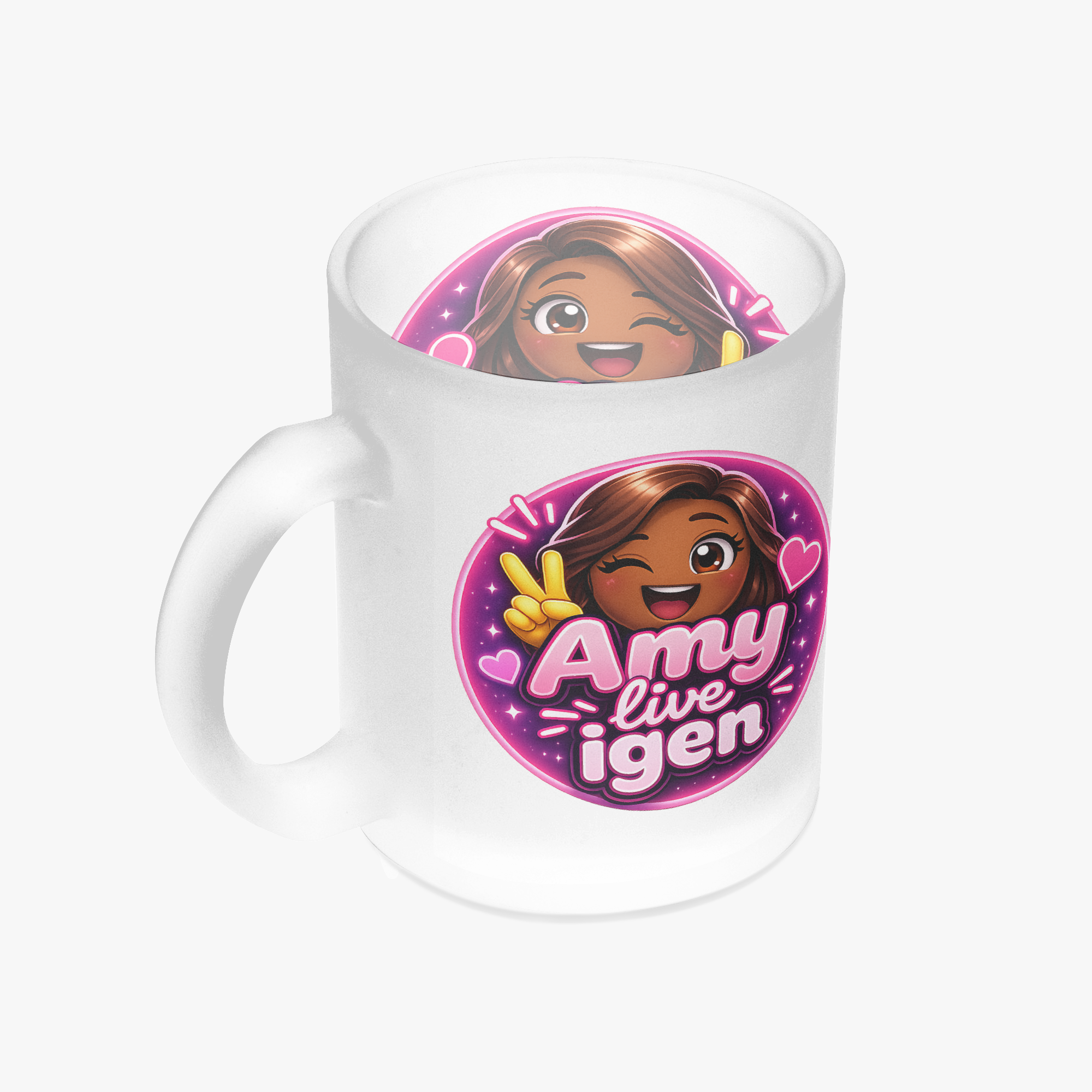 "Amy live igen" kaffemugg i frostat glas