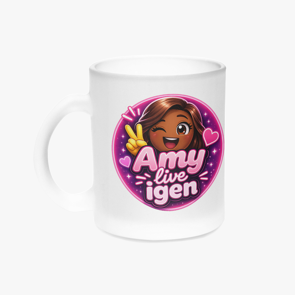 "Amy live igen" kaffemugg i frostat glas