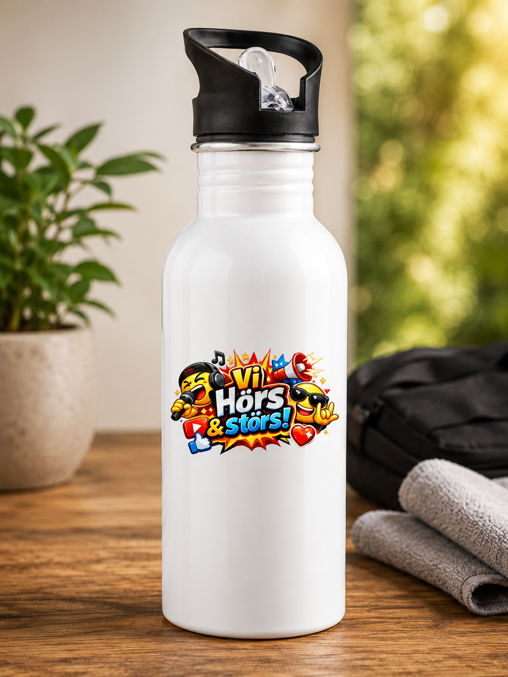 "Vi hörs & störs" Vattenflaska med integrerat sugrör 600ml